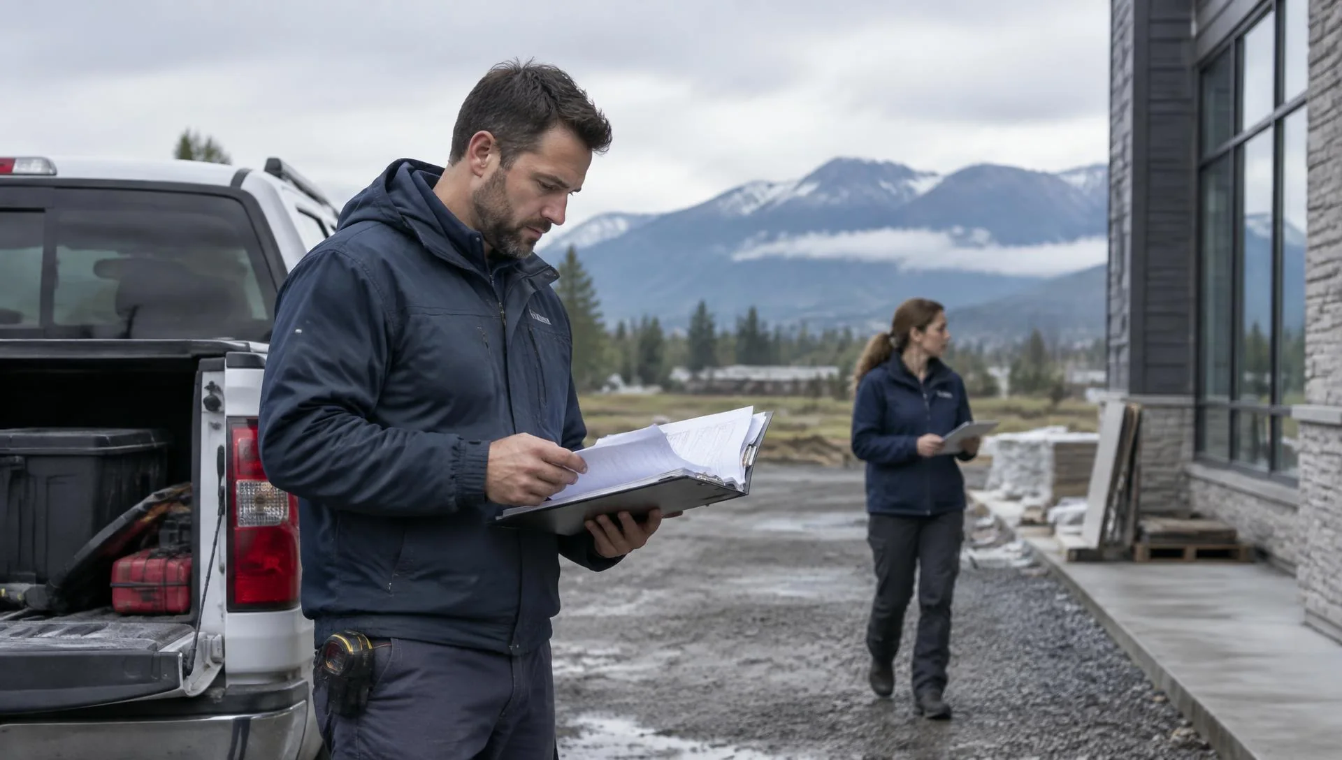 Small-business operators reviewing project information at a Fraser Valley job site