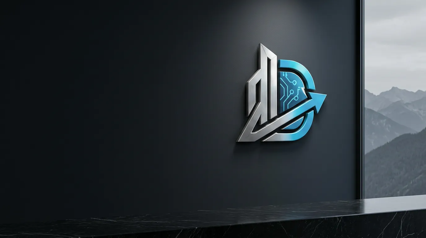 Raised silver and cyan Dryvn emblem mounted on a dark office wall